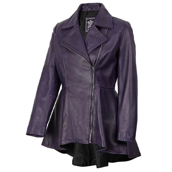 Women Purple Peplum Motorcycle Leather Jacket