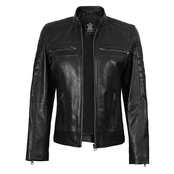 Women Cafe Racer Quilted Black Leather Jacket