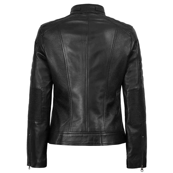 Women Cafe Racer Quilted Black Leather Jacket