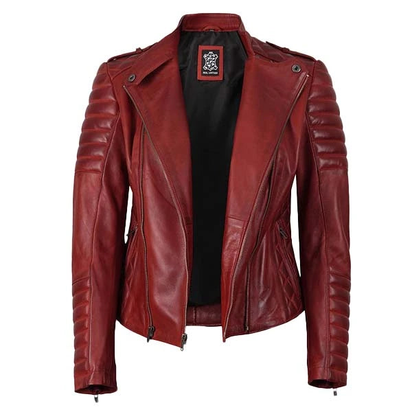 Women Maroon Quilted Motorcycle Leather Jacket