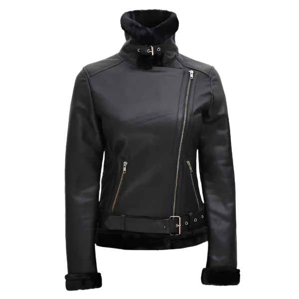 Women Black Shearling Leather Moto Jacket on a white background