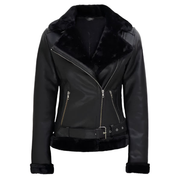 Women Black Shearling Leather Moto Jacket on a white background