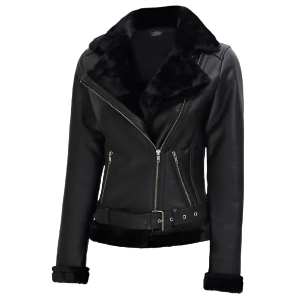 Women Black Shearling Leather Moto Jacket on a white background