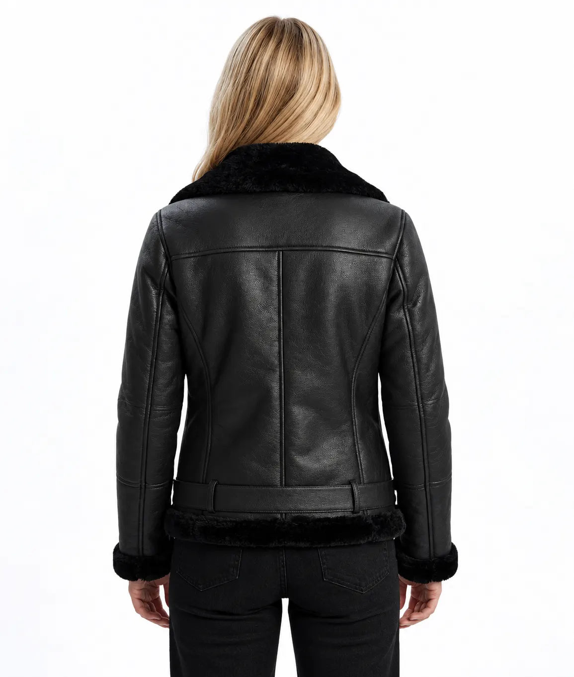 Women Black Shearling Leather Moto Jacket