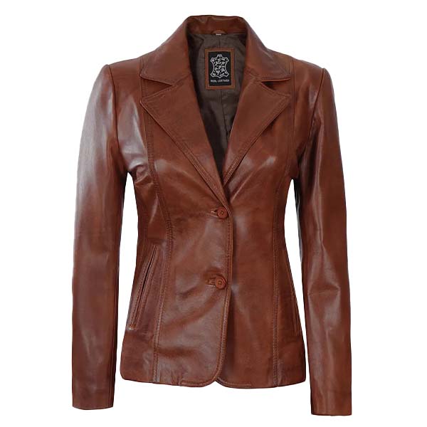 Unwind Leather Women Brown Cognac Leather Blazer With white background