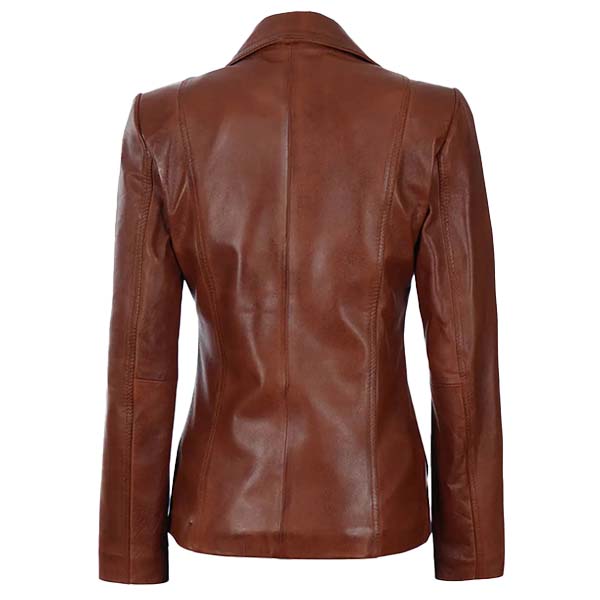  Unwind Leather Women Brown Cognac Leather Blazer on a white background