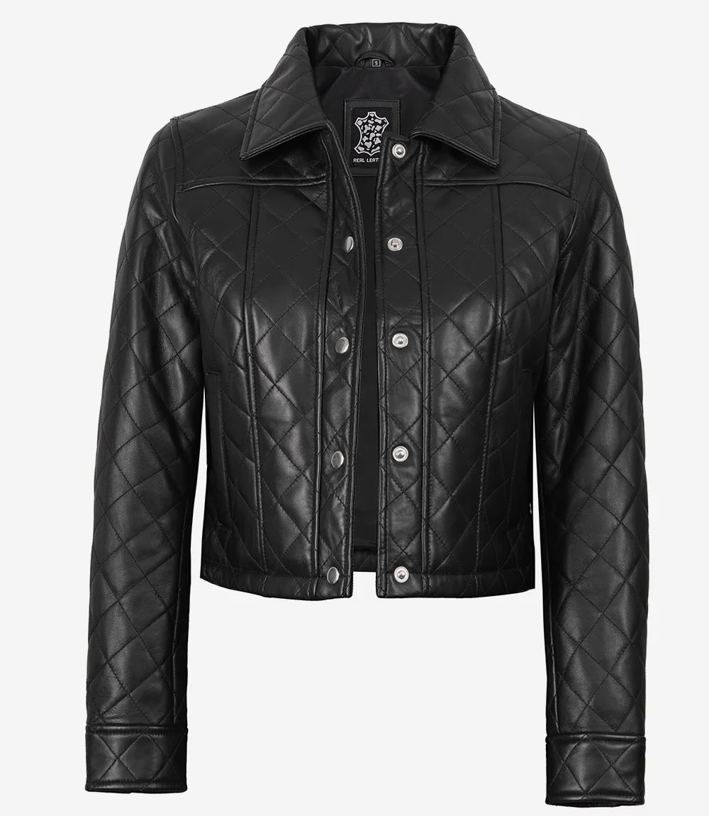 Women’s Black Cropped Quilted Real Lambskin Leather Jacket