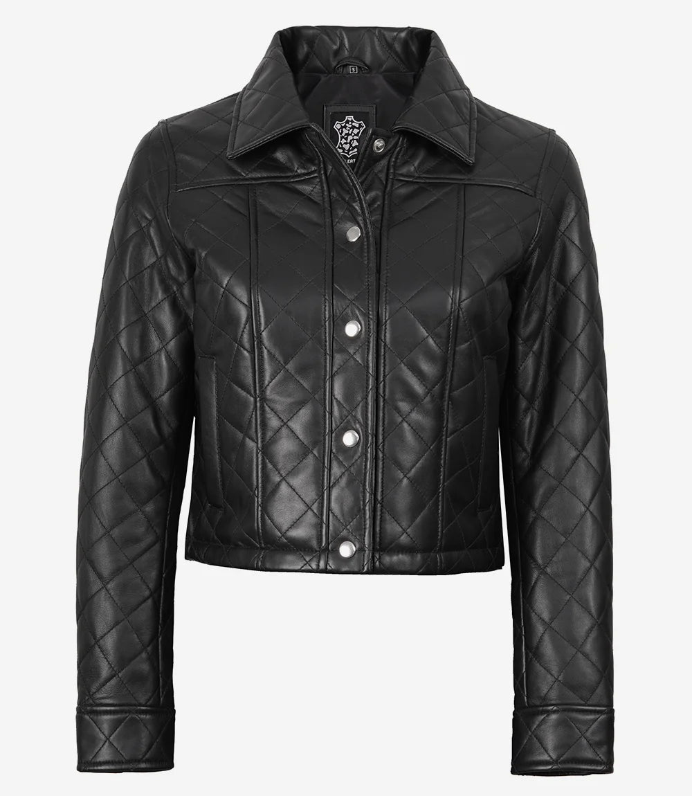 Women’s Black Cropped Quilted Real Lambskin Leather Jacket