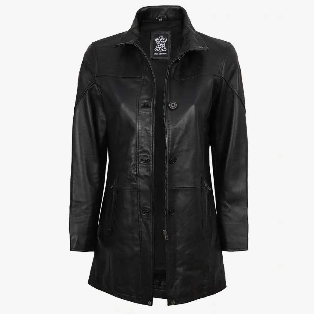 Women's 3/4 Length Black Lambskin Leather Car Coat