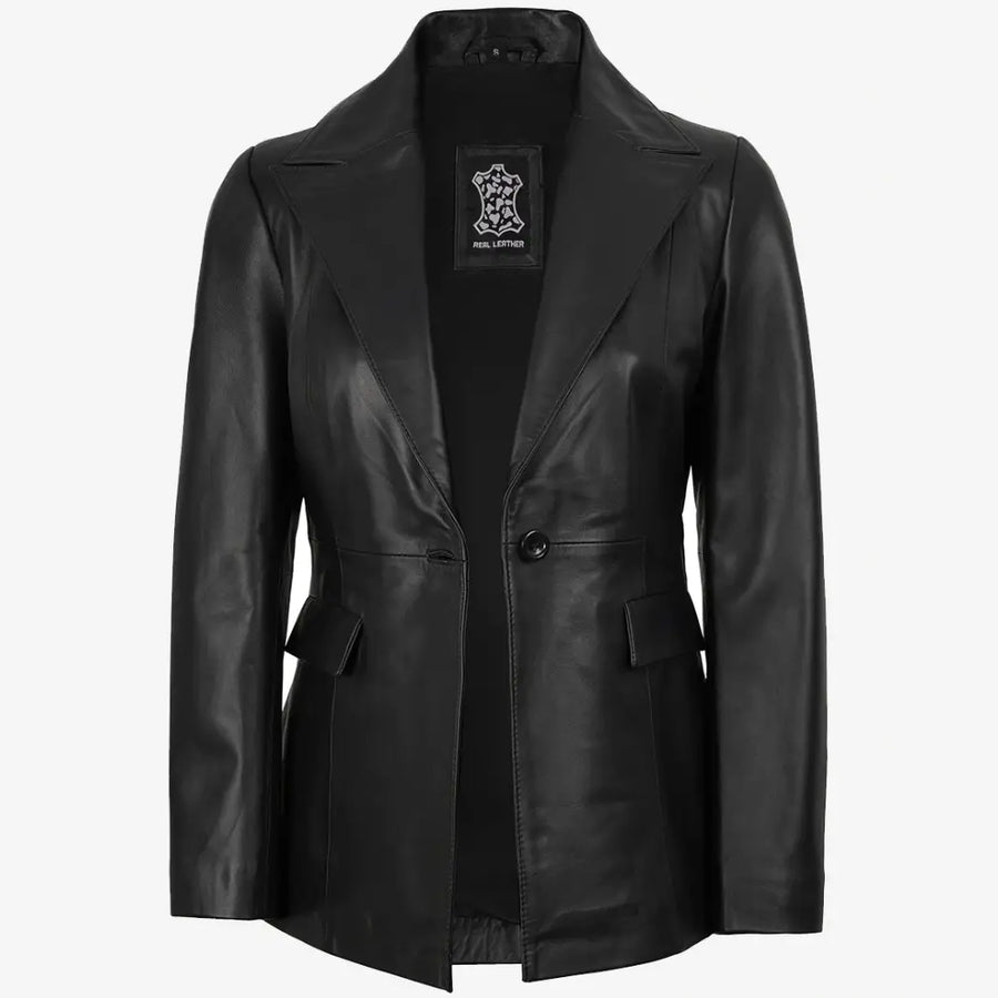 Women's Black Button Real Lambskin Leather Blazer