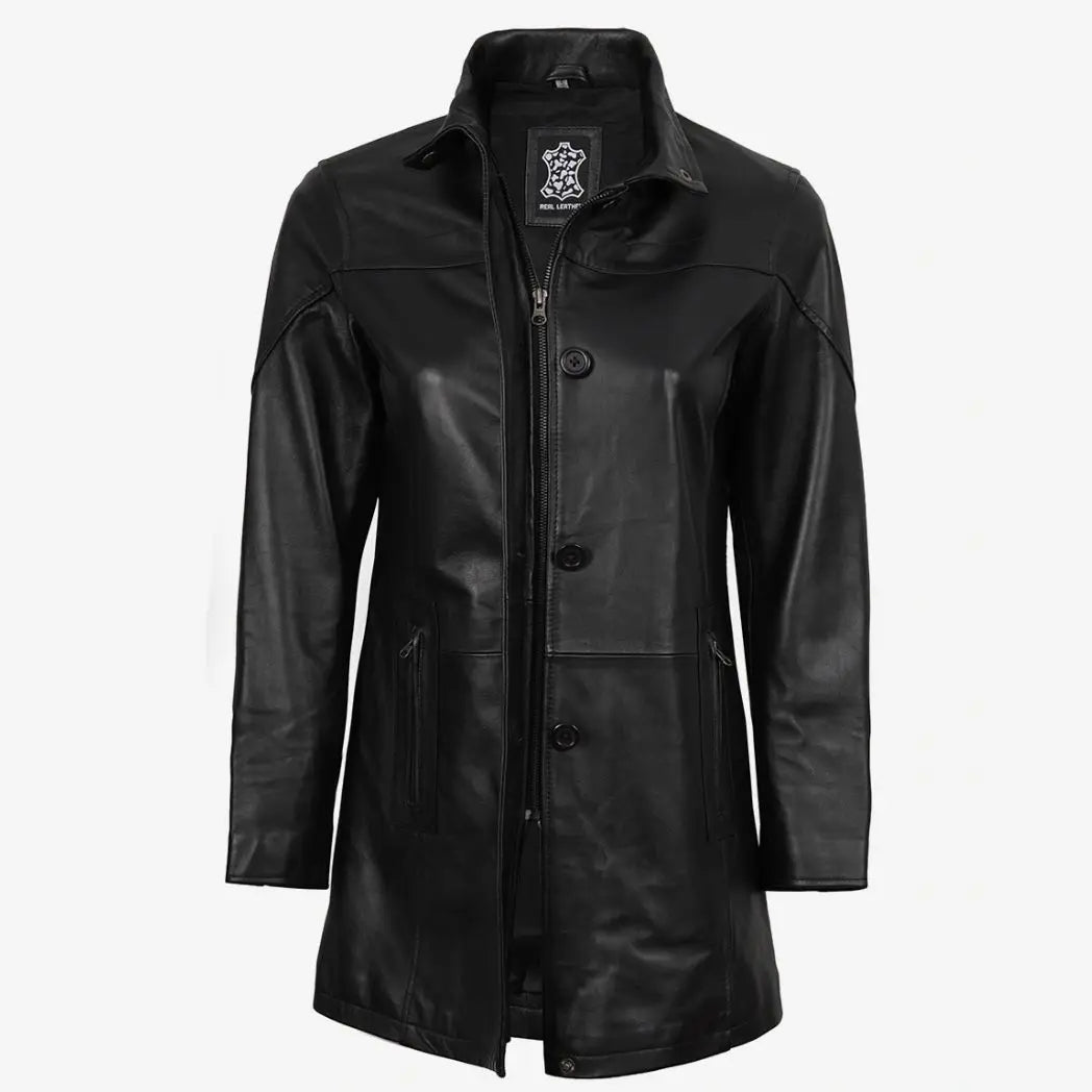 Women's 3/4 Length Black Lambskin Leather Car Coat