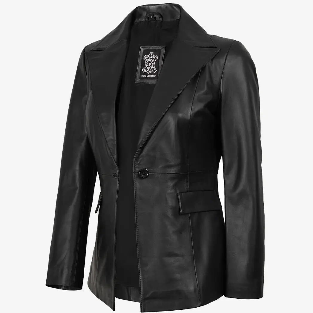 Women's Black Button Real Lambskin Leather Blazer