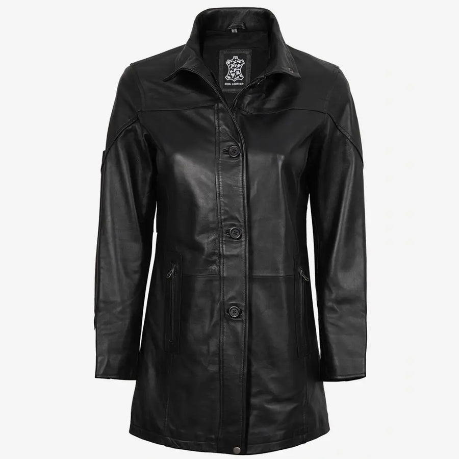 Women's 3/4 Length Black Lambskin Leather Car Coat