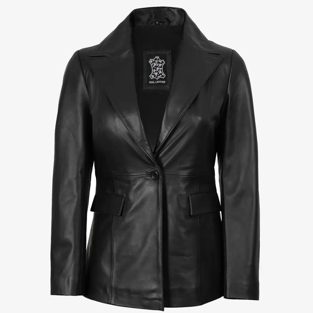 Women's Black Button Real Lambskin Leather Blazer