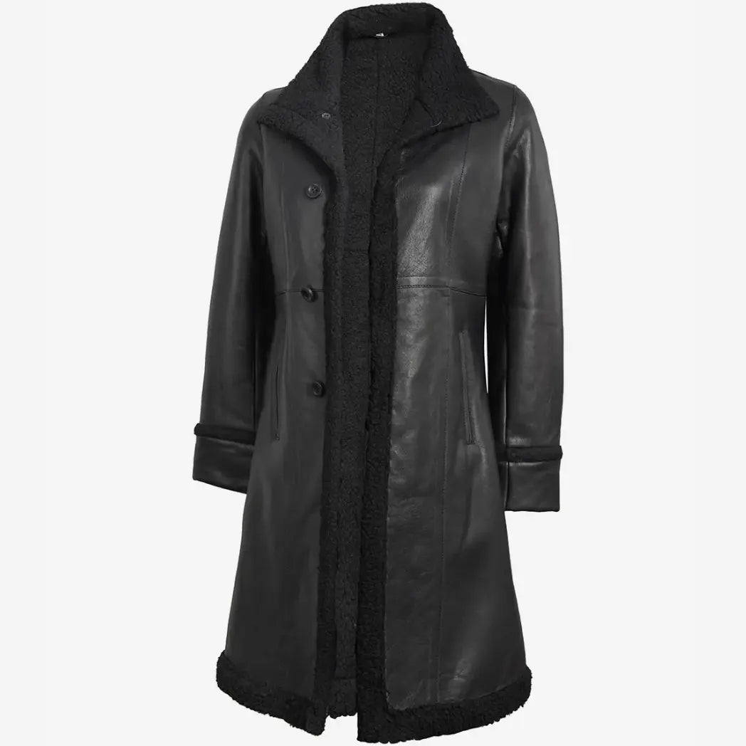 Women's 3/4 Length Black Shearling Real Leather Coat