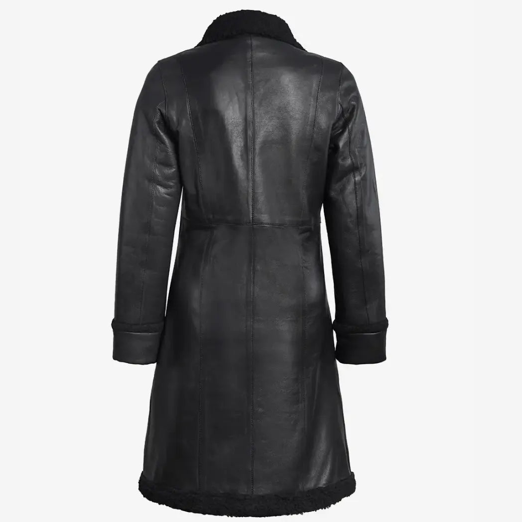 Women's 3/4 Length Black Shearling Real Leather Coat