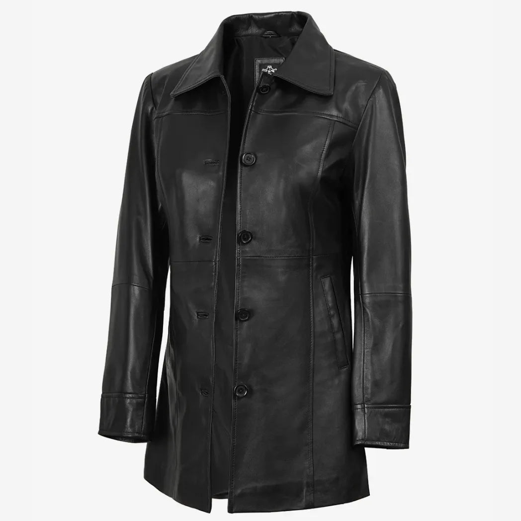 Women's 3/4 Length Button Down Black Real Leather Coat