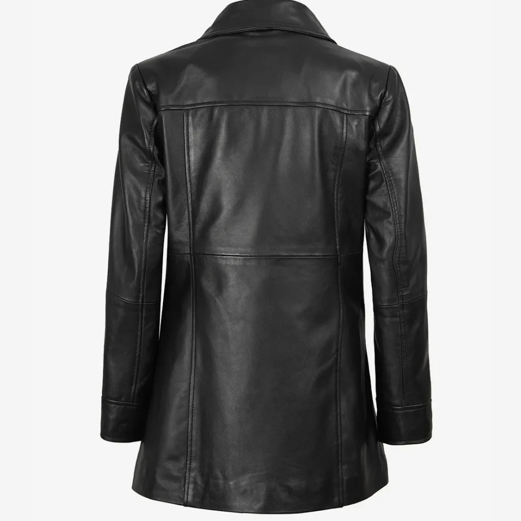 Women's 3/4 Length Button Down Black Real Leather Coat