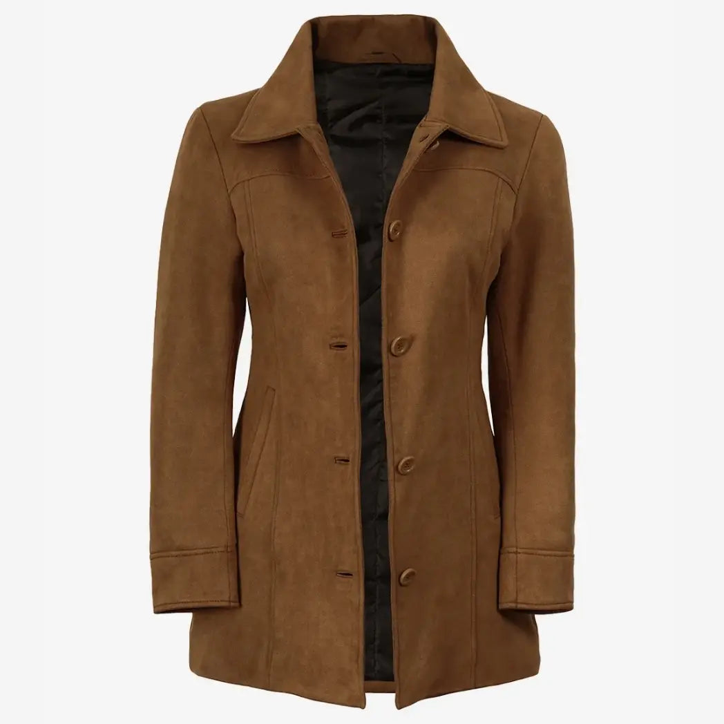 Women's 3/4 Length Button Down Light Brown Faux Suede Coat