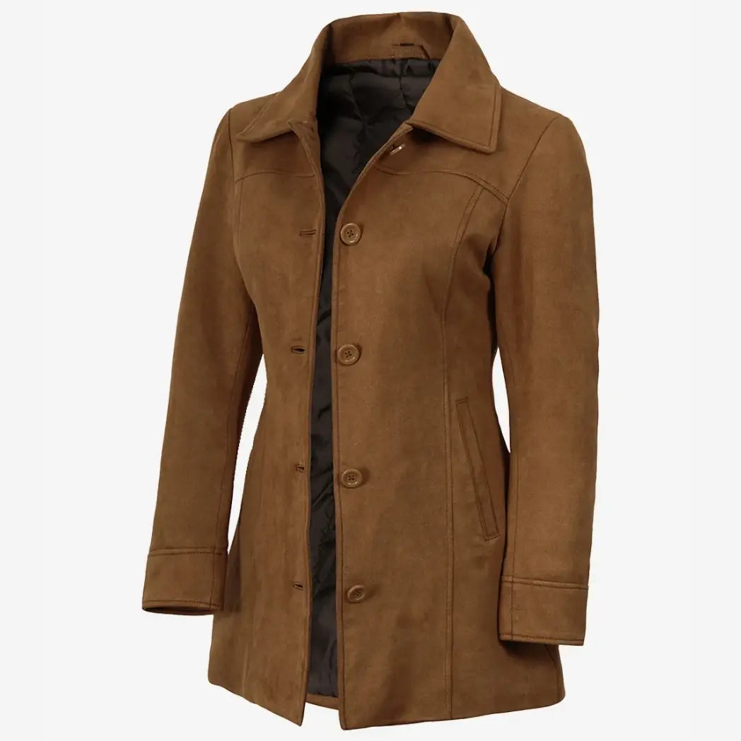 Women's 3/4 Length Button Down Light Brown Faux Suede Coat