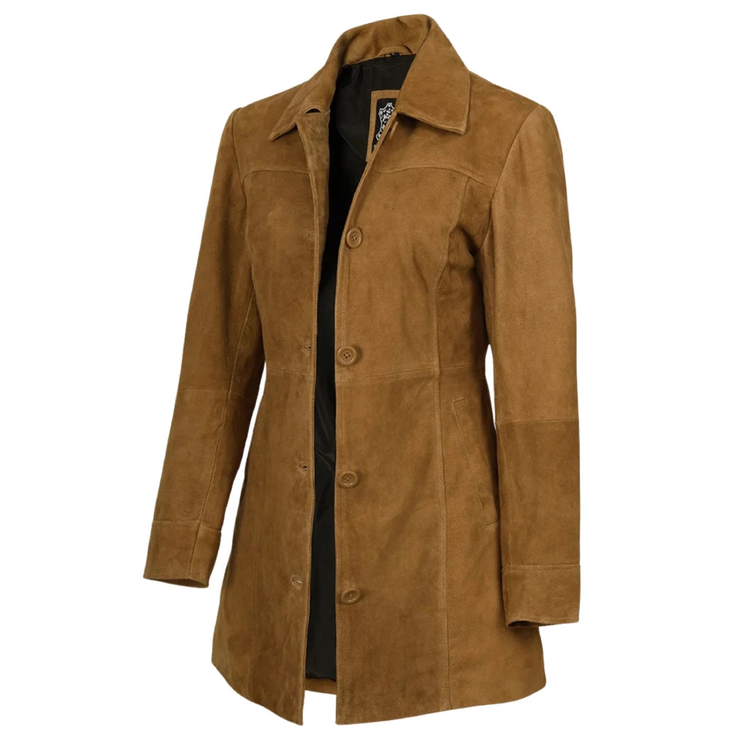 Women's 3/4 Length Button Down Light Brown Suede Coat