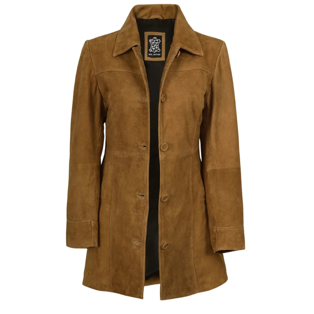Women's 3/4 Length Button Down Light Brown Suede Coat