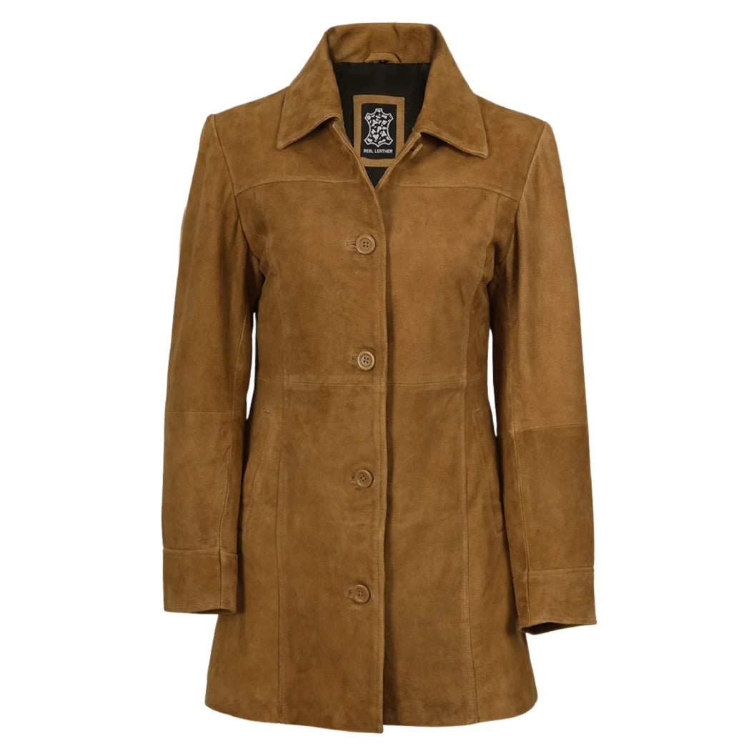 Women's 3/4 Length Button Down Light Brown Suede Coat