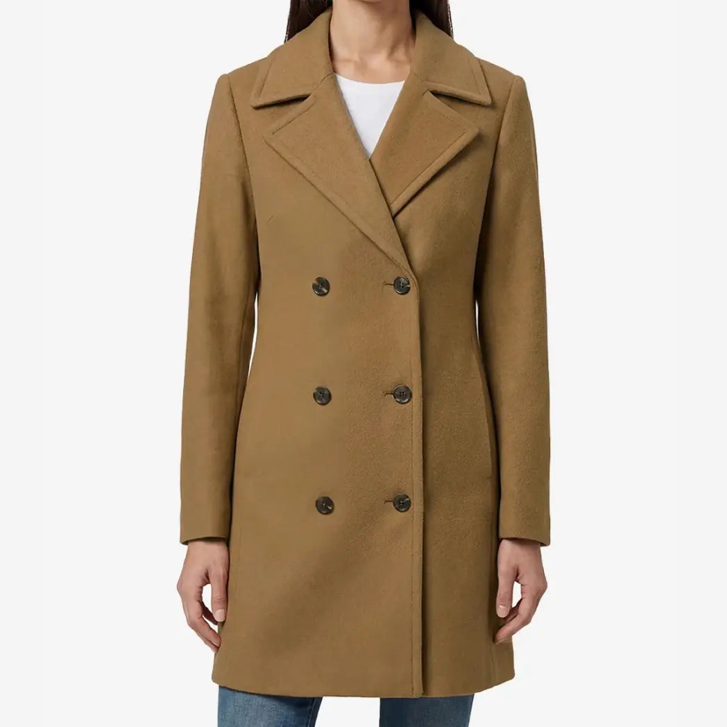 Women's 3/4 Length Camel Brown Double Breasted Wool Coat