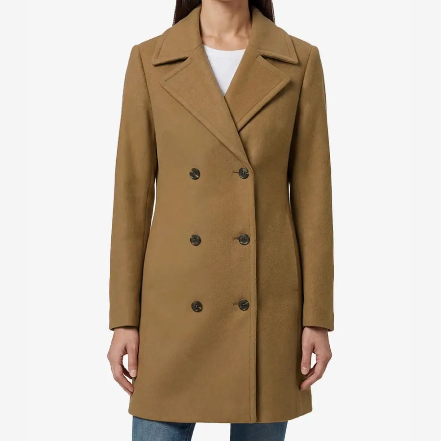 Women's 3/4 Length Camel Brown Double Breasted Wool Coat