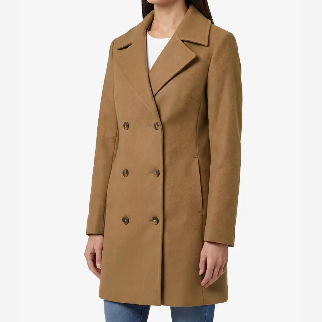 Women's 3/4 Length Camel Brown Double Breasted Wool Coat
