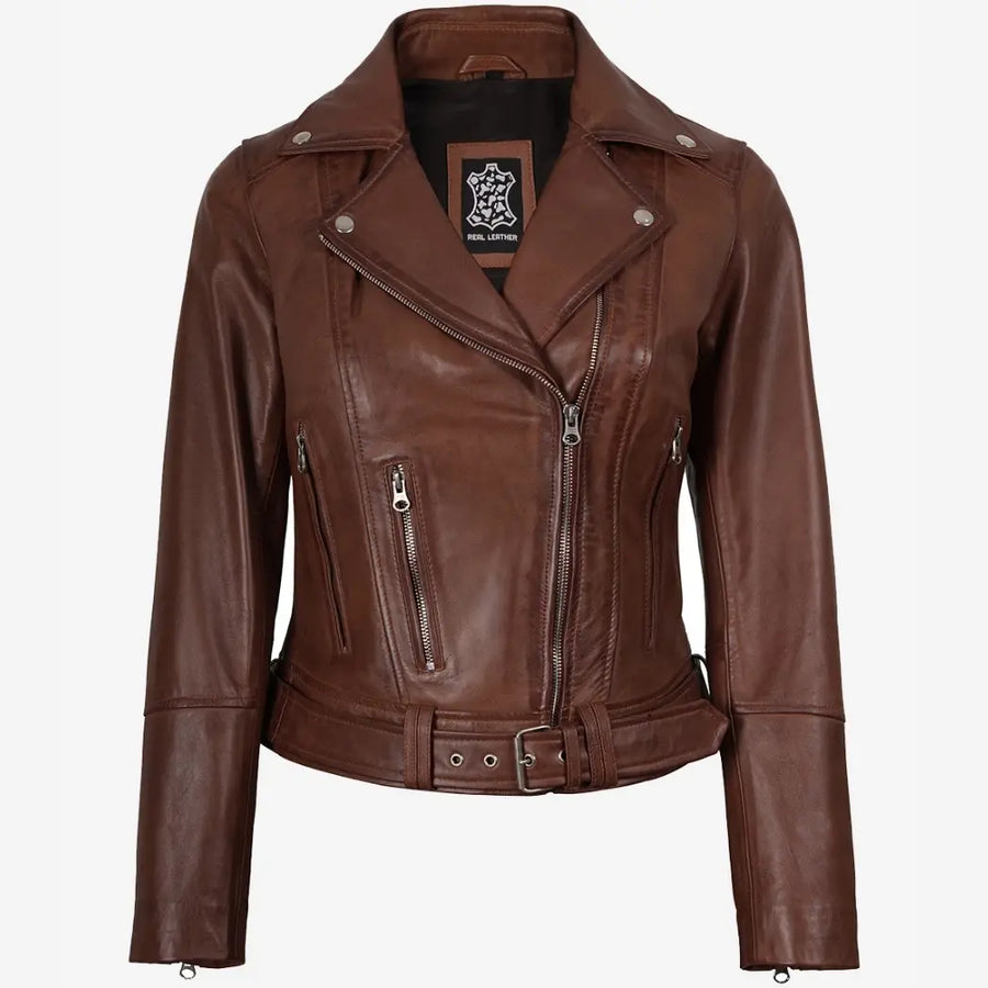 Women's Asymmetrical Biker Style Cognac Leather Jacket