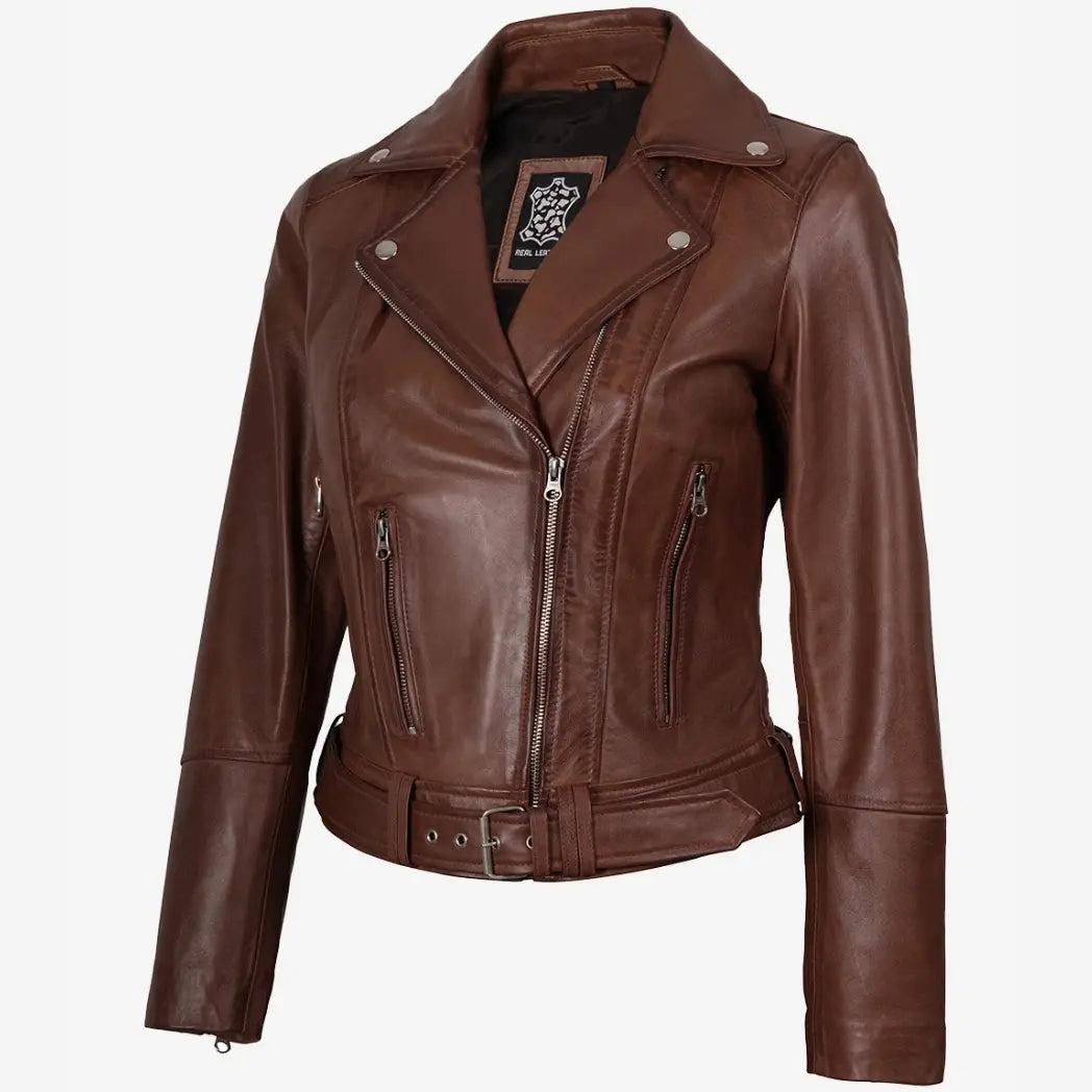 Women's Asymmetrical Biker Style Cognac Leather Jacket