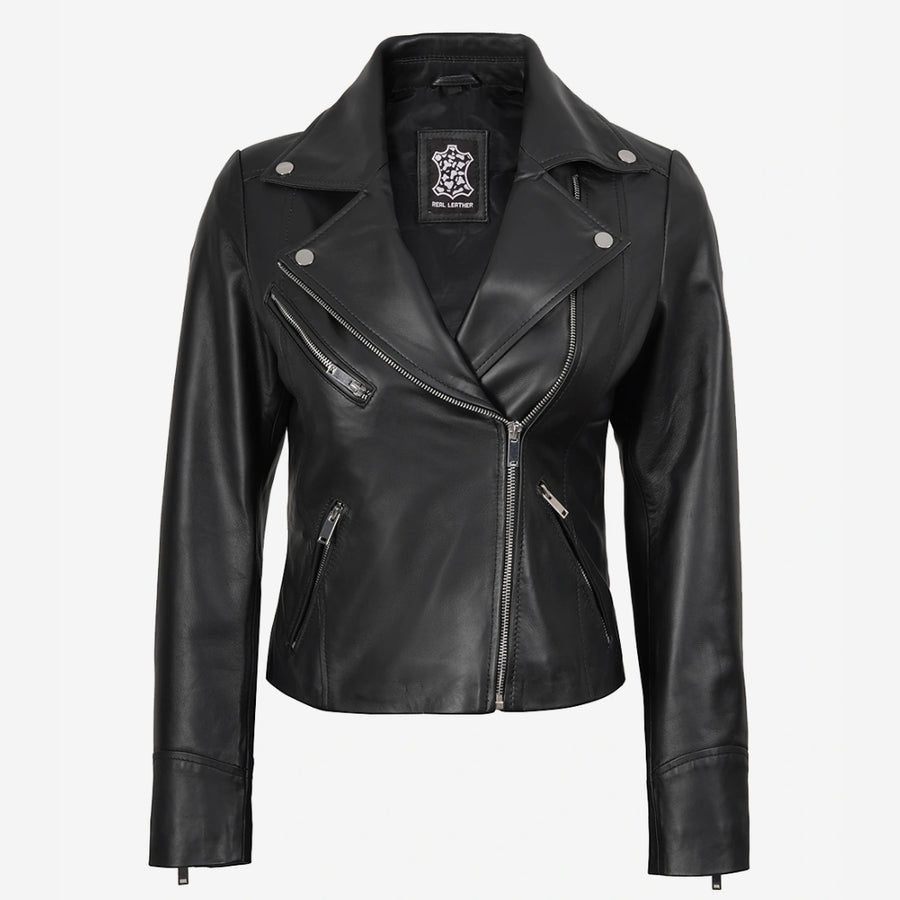 Women's Asymmetrical Black Leather Biker Style Jacket