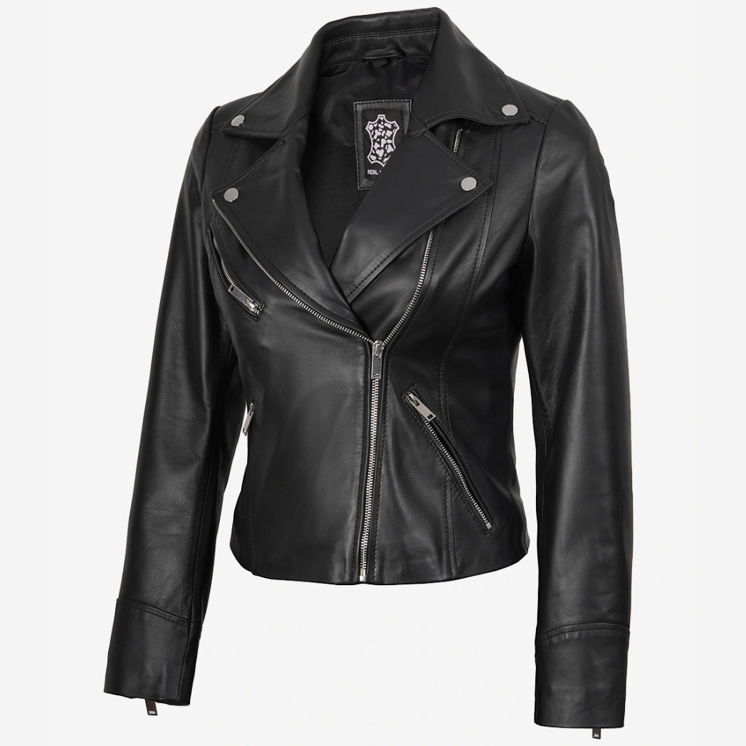 Women's Asymmetrical Black Leather Biker Style Jacket