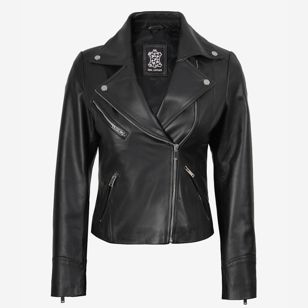 Women's Asymmetrical Black Leather Biker Style Jacket
