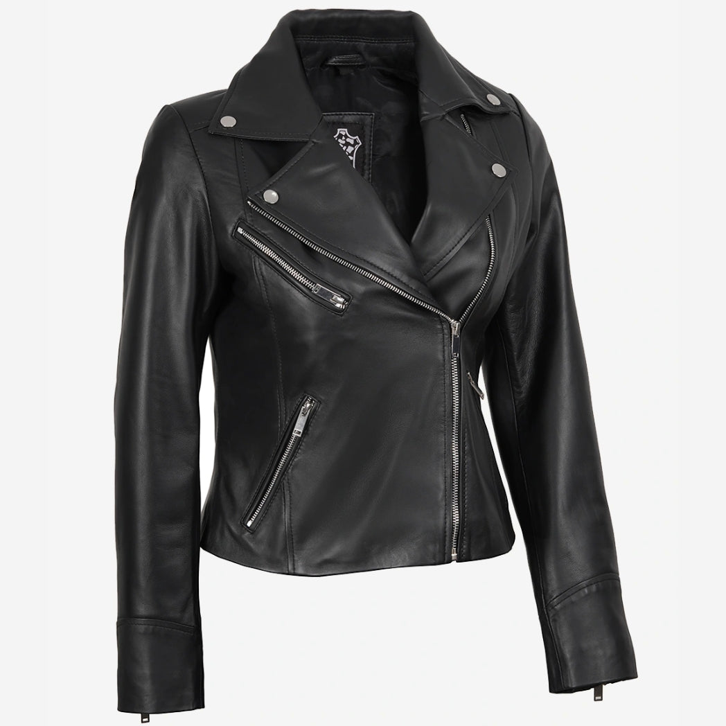 Women's Asymmetrical Black Leather Biker Style Jacket