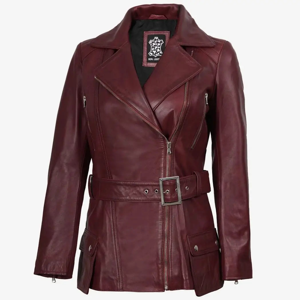 Women's Asymmetrical Maroon Belted Biker Style Leather Jacket