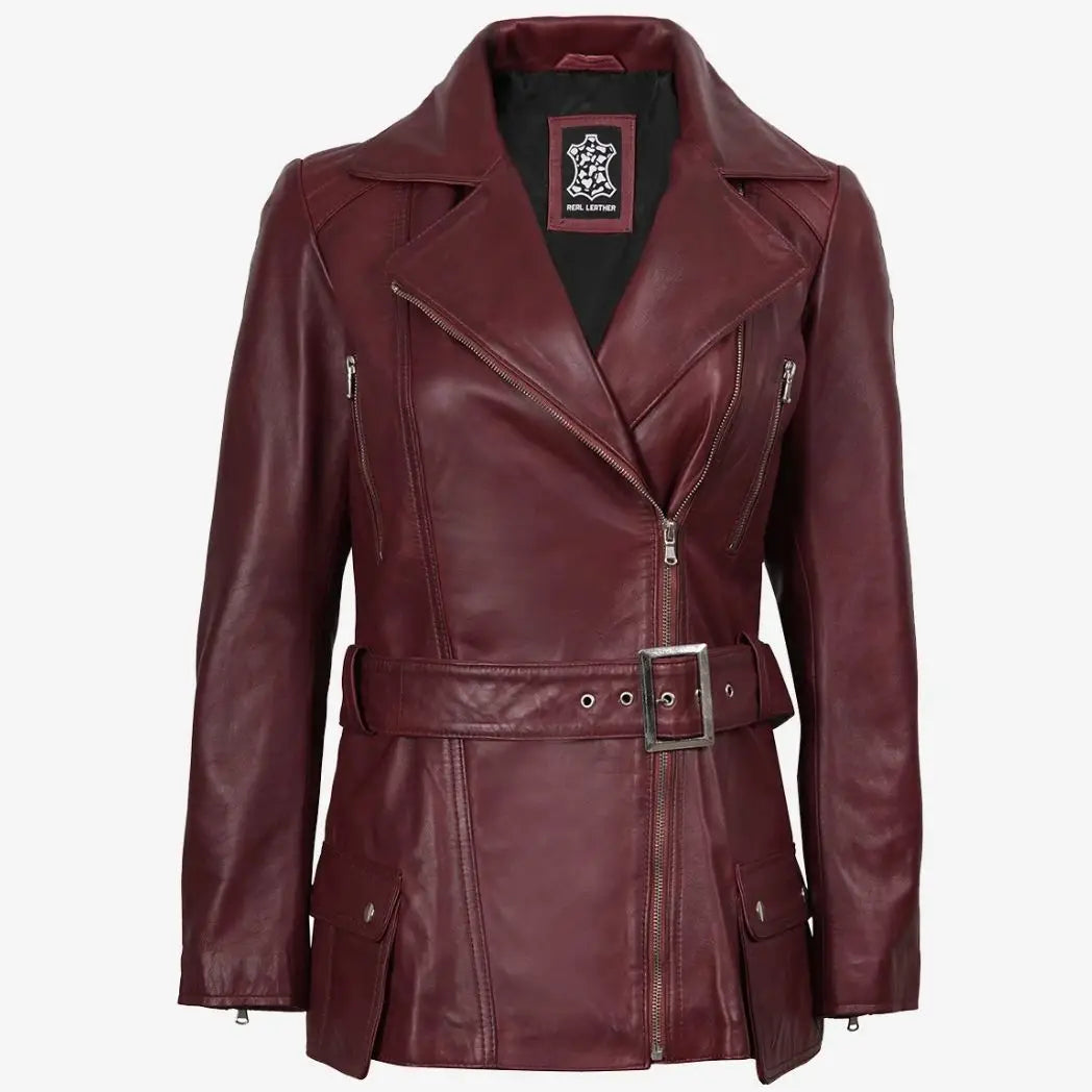 Women's Asymmetrical Maroon Belted Biker Style Leather Jacket