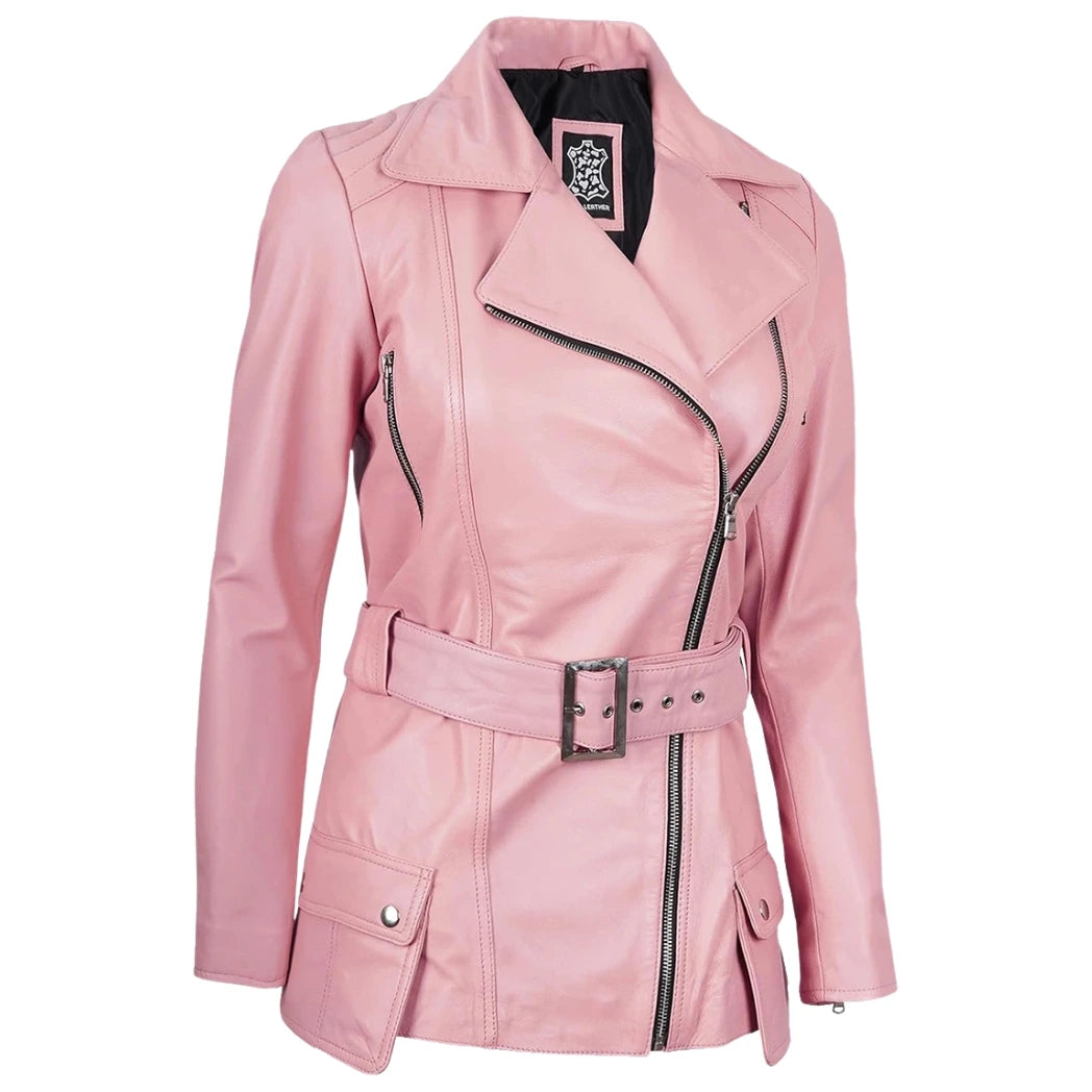 Women's Asymmetrical Pink Belted Long Biker Style Leather Jacket
