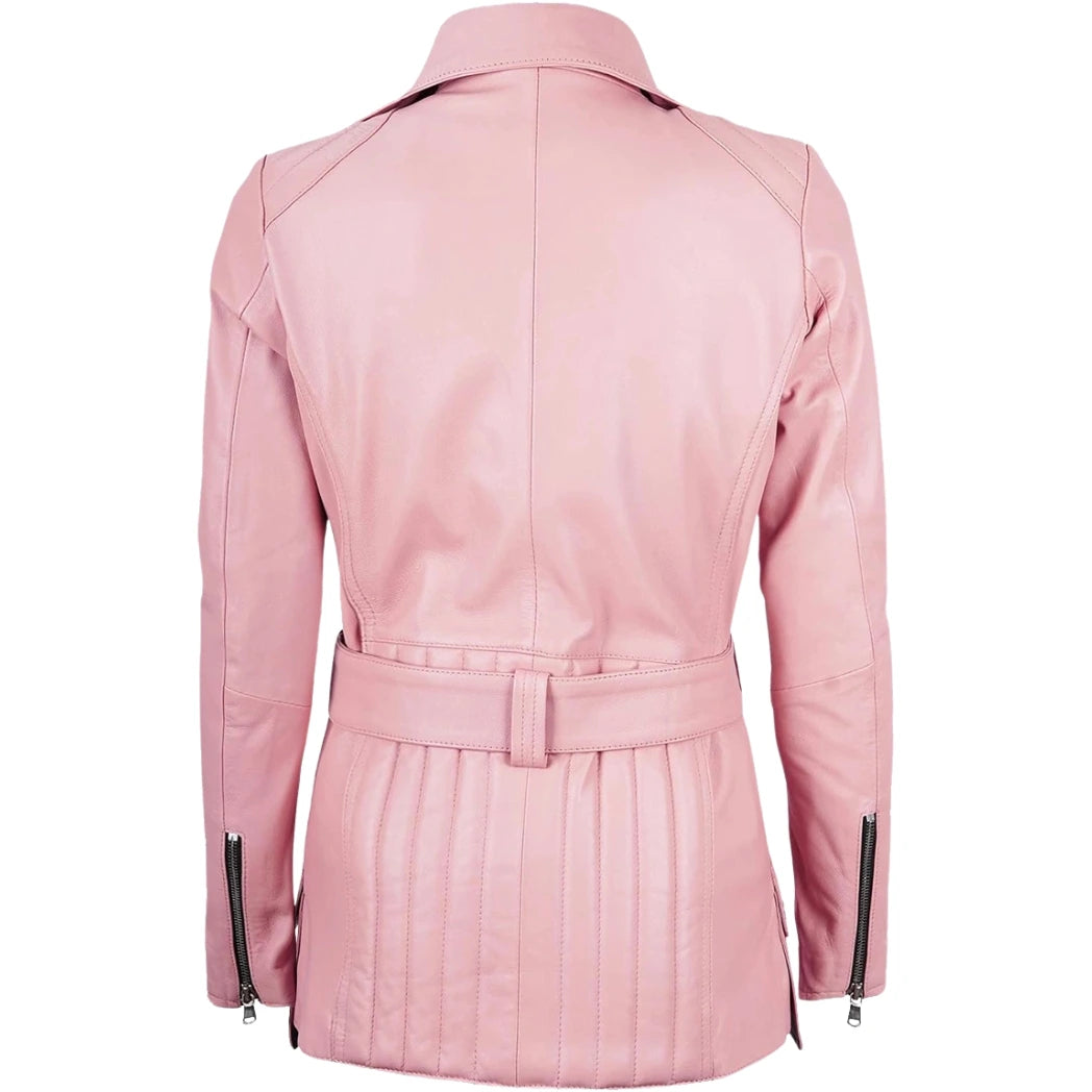 Women's Asymmetrical Pink Belted Long Biker Style Leather Jacket