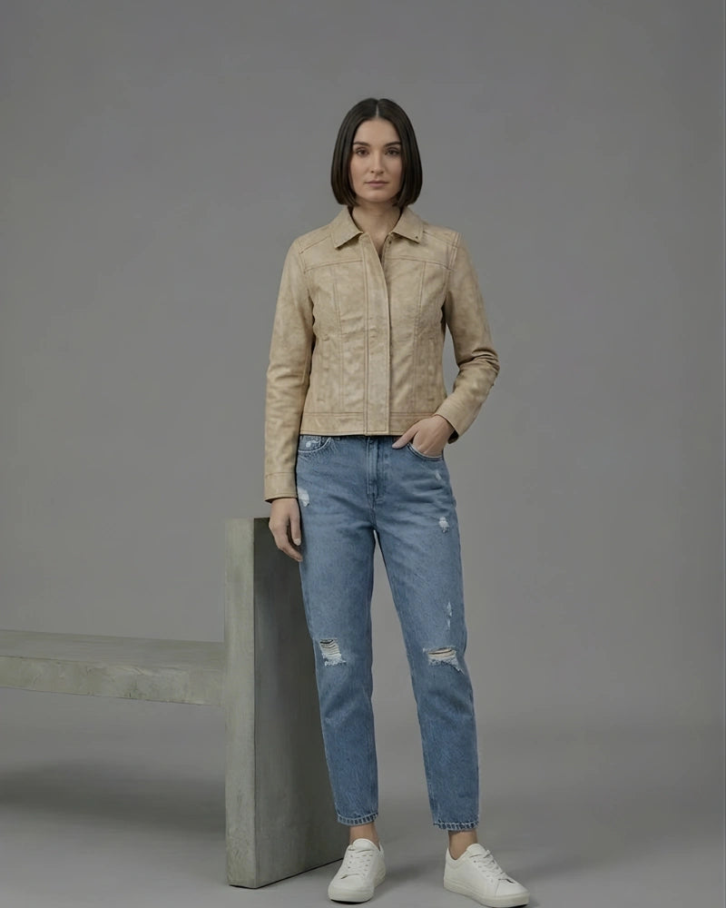 Women's Beige Suede Leather Cropped Fitted Jacket