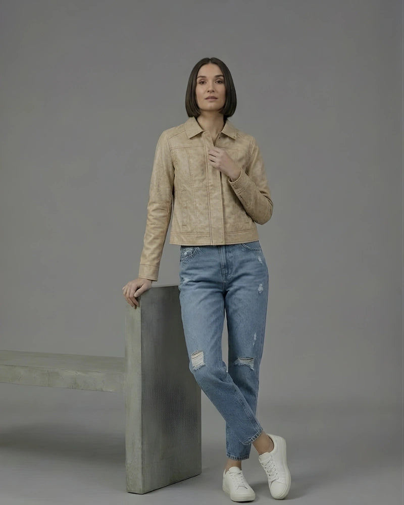 Women's Beige Suede Leather Cropped Fitted Jacket