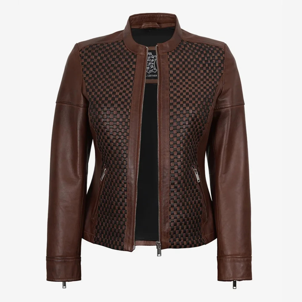 Women's Biker Style Cognac Textured Lambskin Leather Jacket