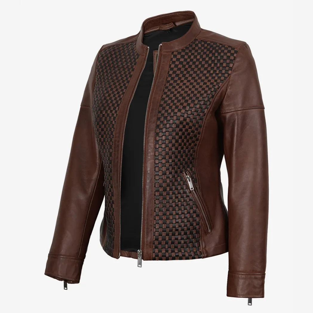 Women's Biker Style Cognac Textured Lambskin Leather Jacket