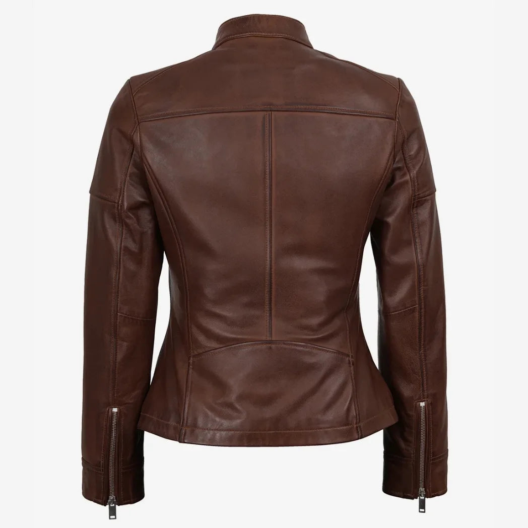 Women's Biker Style Cognac Textured Lambskin Leather Jacket