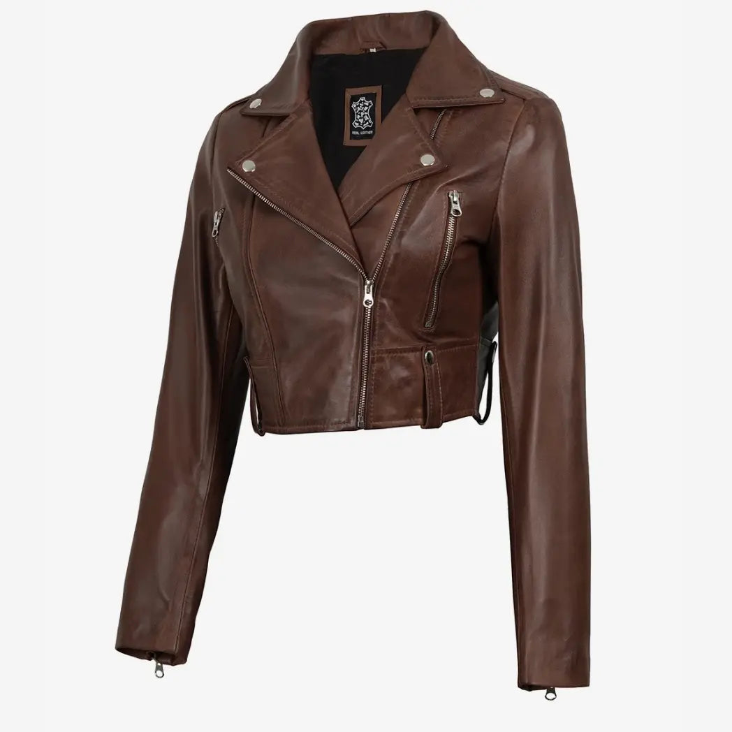Women's Biker Style Cognac Waxed Cropped Leather Jacket