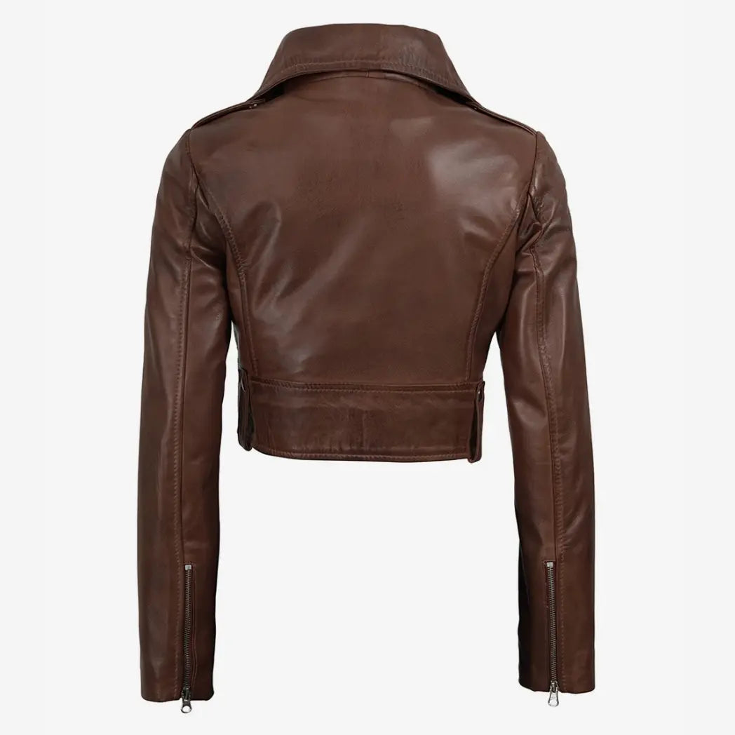 Women's Biker Style Cognac Waxed Cropped Leather Jacket