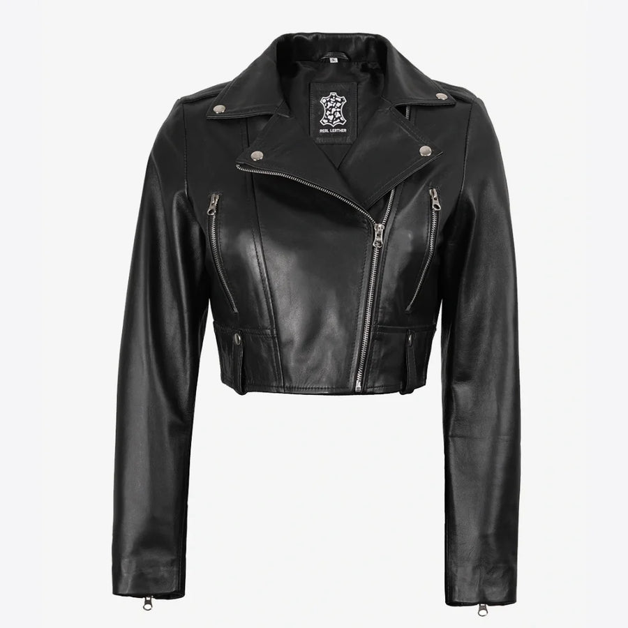Women's Black Biker Style Asymmetrical Cropped Leather Jacket