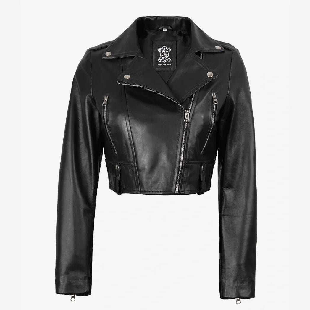 Women's Black Biker Style Asymmetrical Cropped Leather Jacket