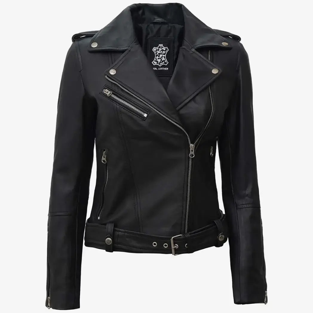 Women's Black Biker Style Leather Jacket With Belt